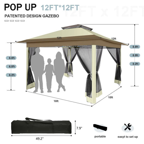 COBIZI Pop-up Gazebo 12x12 Outdoor Gazebo Canopy with Mosquito Netting Patio Tent Backyard Canopy with 2-Tiered Vented Top 3 Adjustable Height and 144 Square Ft of Shade, Beige