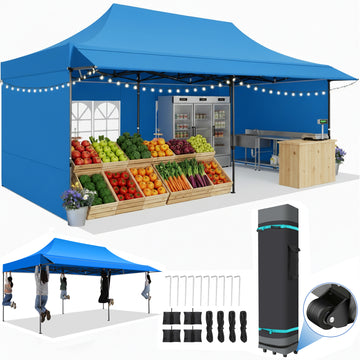 COBIZI 10x20 Pop Up Canopy, Heavy Duty Full-Truss Party Tent, Removable Awning & 4 Sidewalls, 420D PU Oxford, Waterproof, UPF 50+, 600D PVC Roller Bag, Blue
