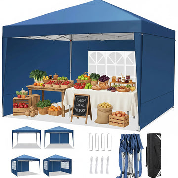 COBIZI 10x10 Pop up Canopy with 3 Sidewalls Waterproof Outdoor Canopy Gazebo Anti-UV Instant Foldable Canopy Tent for Party with Carry Bag,Dark Blue