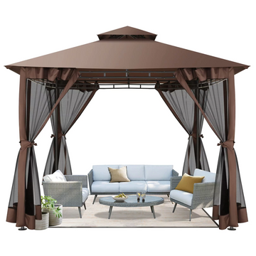 COBIZI Outdoor-Pavillon, 10'x10' Baldachin mit Moskitonetz, Schattenzelt für Party, Hinterhof, Deck, Terrasse, Rasen und Garten, Braun 