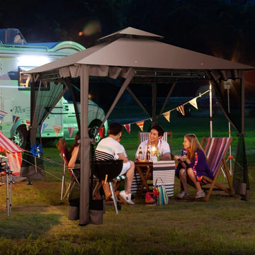 COBIZI Outdoor-Pavillon, 10'x10' Baldachin mit Moskitonetz, Schattenzelt für Party, Hinterhof, Deck, Terrasse, Rasen und Garten, Braun 