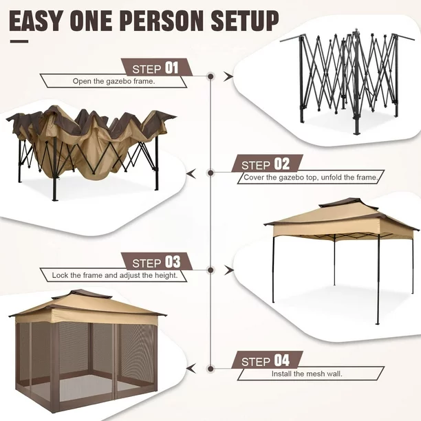 COBIZI Überdachungspavillon für den Außenbereich, 11 x 11 Pop-Up-Pavillon, Terrassenpavillon mit Moskitonetz, Überdachung für den Außenbereich mit 121 Quadratfuß Schatten für Rasen im Freien, Garten, Party, Hinterhof und Terrasse, Khaki 