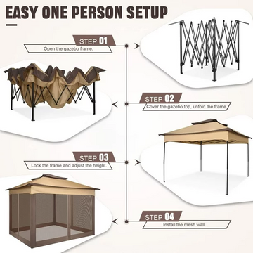 COBIZI Überdachungspavillon für den Außenbereich, 11 x 11 Pop-Up-Pavillon, Terrassenpavillon mit Moskitonetz, Überdachung für den Außenbereich mit 121 Quadratfuß Schatten für Rasen im Freien, Garten, Party, Hinterhof und Terrasse, Khaki 