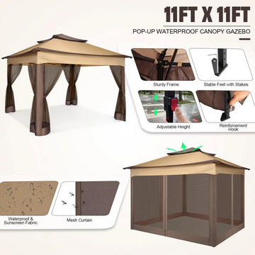 COBIZI Überdachungspavillon für den Außenbereich, 11 x 11 Pop-Up-Pavillon, Terrassenpavillon mit Moskitonetz, Überdachung für den Außenbereich mit 121 Quadratfuß Schatten für Rasen im Freien, Garten, Party, Hinterhof und Terrasse, Khaki 
