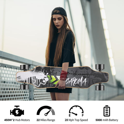 Caroma Electric Skateboards with Remote, 900W Hub-Motor Electric Longboard for Adults Teens, 28MPH Top Speed, 22 Miles Max Range - Black Gray White