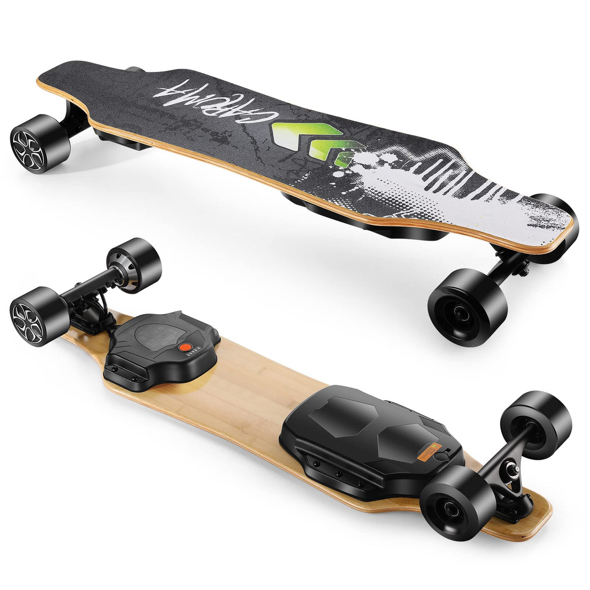 Caroma Electric Skateboards with Remote, 900W Hub-Motor Electric Longboard for Adults Teens, 28MPH Top Speed, 22 Miles Max Range - Black Gray White