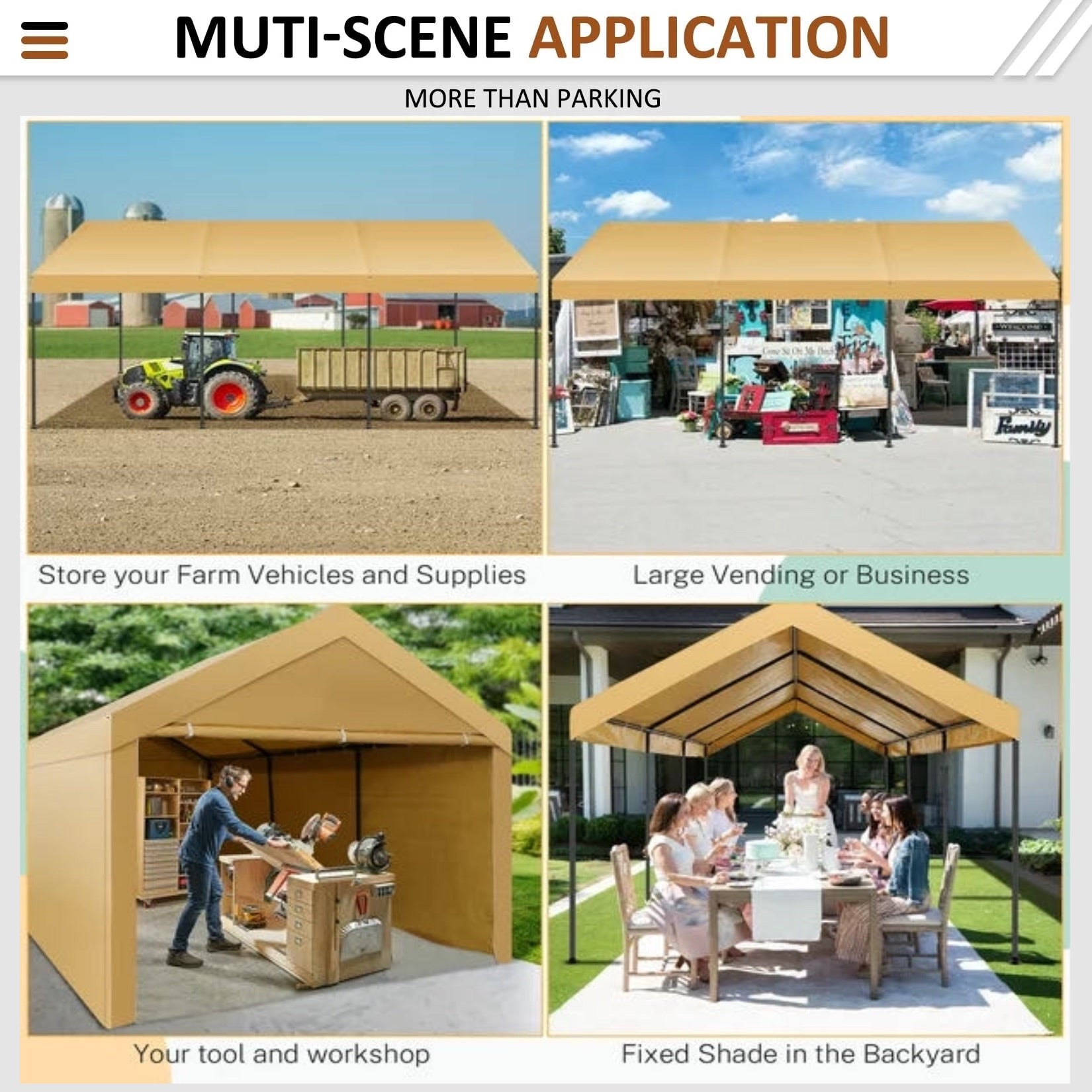 YUEBO Carport 10'x20' Large Heavy Duty Car Tent with Powder-Coated Steel Frame, Portable Garage with Removable Sidewalls & Doors, Car Canopy with All-Season Tarp for Party, Garden, Beige Yellow