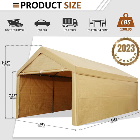 COBIZI Carport 10'x 20' Heavy Duty Carport with Powder-Coated Steel Metal Frame, Portable Garage with Removable Sidewalls & Doors for Car, Truck, Boat, Car Canopy with All-Season Tarp, Yellow