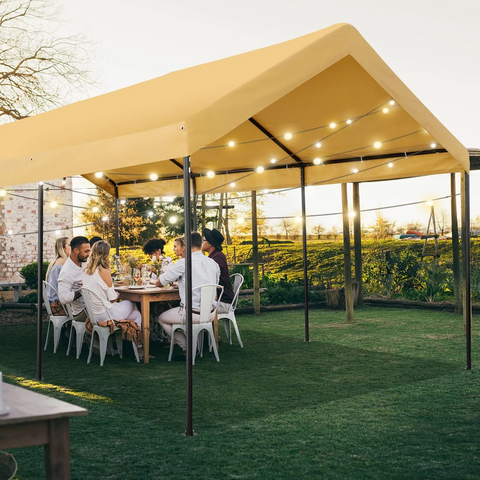 YUEBO Carport 10'x20' Large Heavy Duty Car Tent with Powder-Coated Steel Frame, Portable Garage with Removable Sidewalls & Doors, Car Canopy with All-Season Tarp for Party, Garden, Beige Yellow