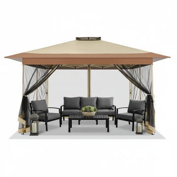 COBIZI 10x15 Pop-Up Gazebo with Mosquito Netting, Outdoor Patio Canopy Tent with 2-Tier Ventilated Roof, 3 Adjustable Heights, Provides 150 Sq Ft Shade, Beige