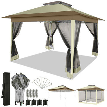 COBIZI 10x15 Pop-Up Gazebo with Mosquito Netting, Outdoor Patio Canopy Tent with 2-Tier Ventilated Roof, 3 Adjustable Heights, Provides 150 Sq Ft Shade, Beige