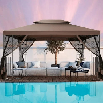 COBIZI 10' x 13' Pop Up Gazebo, Screened Patio Gazebo, Outdoor Steel Double Roof Canopy Tent,