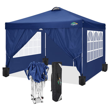 COBIZI 10' x 10' Adjustable Height Pop-up Canopy Tent Fully Waterproof Instant Outdoor Canopy Folding Shelter with 4 Removable Sidewalls, Air Vent on The Top, 4 Sandbags, Carrying Bag, Dark Blue
