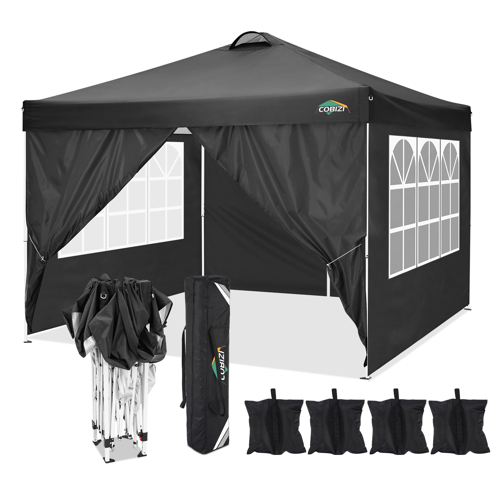 COBIZI 10' x 10' Adjustable Height Pop-up Canopy Tent Fully Waterproof Instant Outdoor Canopy Folding Shelter with 4 Removable Sidewalls, Air Vent on The Top, 4 Sandbags, Carrying Bag, Black
