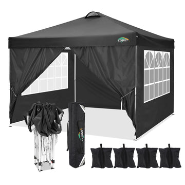 COBIZI 10' x 10' Adjustable Height Pop-up Canopy Tent Fully Waterproof Instant Outdoor Canopy Folding Shelter with 4 Removable Sidewalls, Air Vent on The Top, 4 Sandbags, Carrying Bag, Black