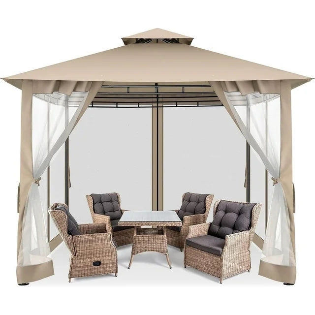 COBIZI 10'x10' Outdoor Gazebo Canopy, Canopy Tent with Mosquito Netting,Screened Gazebo with Corner Shelf Stable Steel Frame Double Roof Tops,