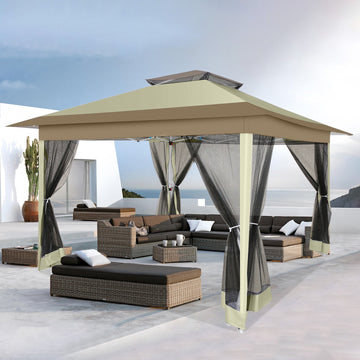 COBIZI 13x13 Pop-Up Gazebo with Mosquito Netting, Outdoor Patio Canopy Tent with 2-Tier Ventilated Roof, 3 Adjustable Heights, Provides 169 Sq Ft Shade, Beige