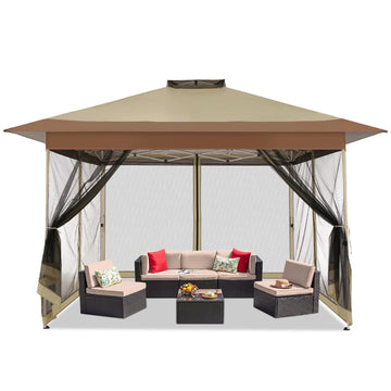 COBIZI 10x15 Pop-Up Gazebo with Mosquito Netting, Outdoor Patio Canopy Tent with 2-Tier Ventilated Roof, 3 Adjustable Heights, Provides 150 Sq Ft Shade, Beige