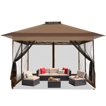 COBIZI 13x13 Pop-Up Gazebo with Mosquito Netting, Outdoor Patio Canopy Tent with 2-Tier Ventilated Roof, 3 Adjustable Heights, Provides 169 Sq Ft Shade, Brown