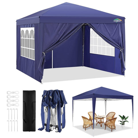 COBIZI 10'x10' ft Popup Canopy Waterproof Canopy with 4 Sidewalls Outdoor Commercial Instant Shelter Beach Camping Canopy Tent for Party,Dark Blue