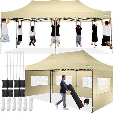 COBIZI 10'x20' Canopy EZ Pop Up Canopy Anti-UV Waterproof Outdoor Tent Portable Party Wedding Instant Canopy Shelter All Season Tent Gazebo with 6 Removable Sidewalls,4 Sandbags,Roller Bag,Khaki
