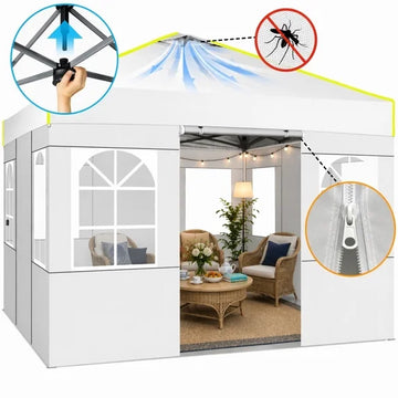COBIZI 10x10 Pop Up Canopy Tent with 4 Sidewalls, Mesh Air Vents, Double-Zipper Roll-Up Doors, One-Push Setup, 3 Heights, Waterproof UPF 50+, Glow Strips, Carry Bag, Sandbags, Stakes & Ropes, White