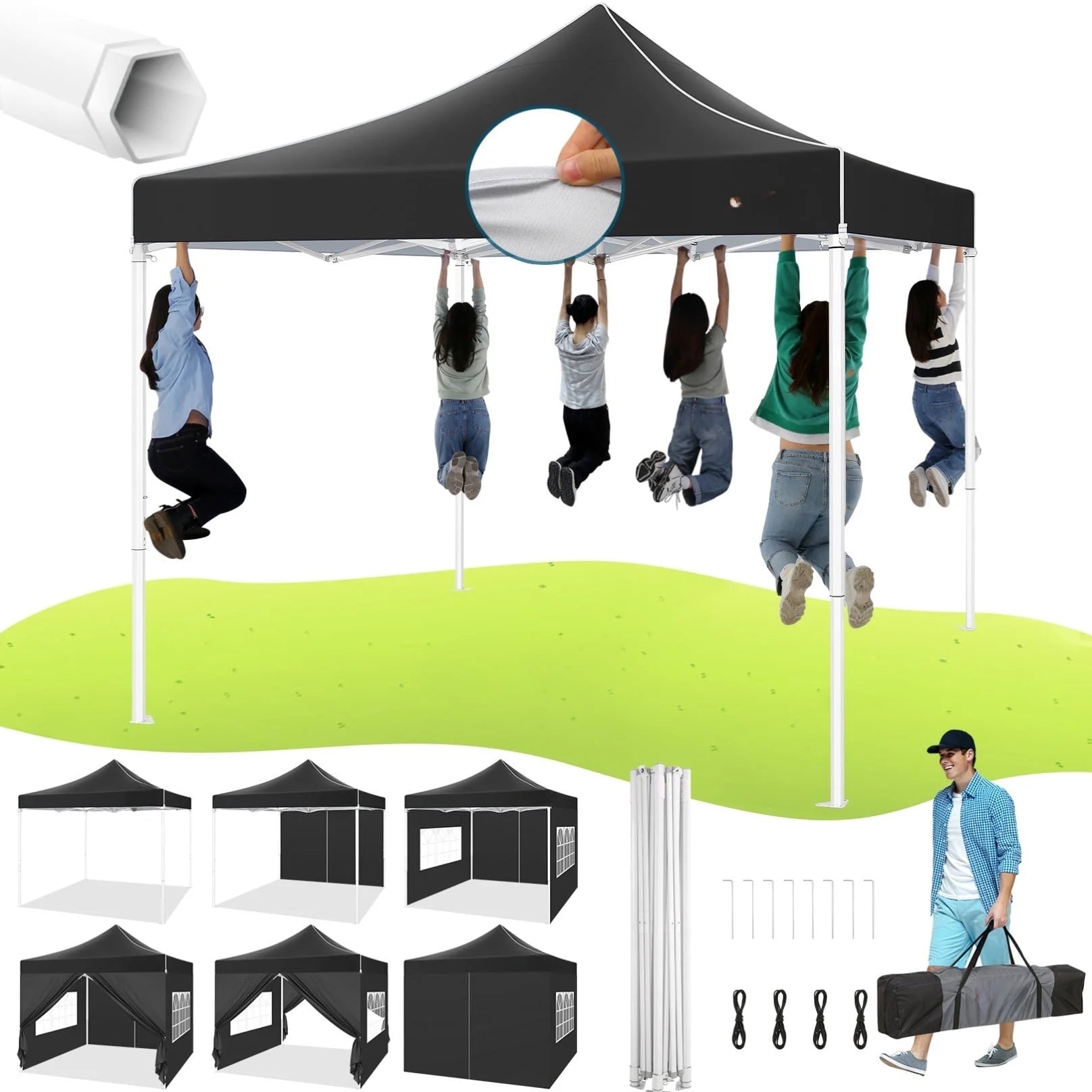 COBIZI 10x10 Heavy Duty Pop Up Canopy Tent with 4 Sidewalls, Commercial Instant Waterproof Shelter, UV 50+ with Silver Coated, Upgraded Thickened Hexagonal Legs