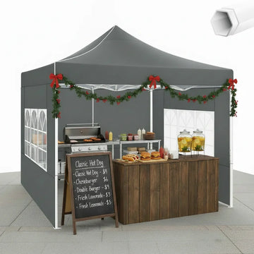 COBIZI 10x10 Heavy Duty Pop Up Canopy Tent with 4 Sidewalls, Commercial Instant Waterproof Shelter, UV 50+ with Silver Coated, Upgraded Thickened Hexagonal Legs,Gray