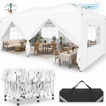 COBIZI 10x20 Pop Up Canopy Tent with 6 Sidewalls & Dual Air Vents, One-Push Instant Canopy Waterproof UPF 50+, Outdoor Gazebo with Sandbags, Stakes & Ropes for Party, Wedding, Commercial Event, White
