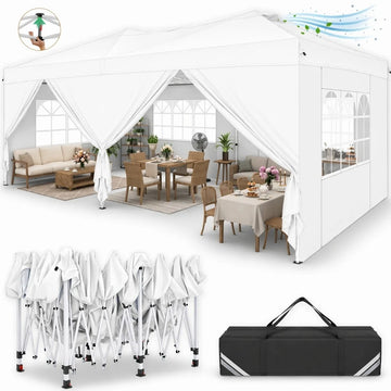 COBIZI 10x20 Pop Up Canopy Tent with 6 Sidewalls & Dual Air Vents, One-Push Instant Canopy Waterproof UPF 50+, Outdoor Gazebo with Sandbags, Stakes & Ropes for Party, Wedding, Commercial Event, White