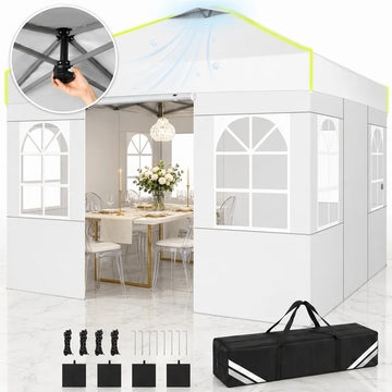 COBIZI 10x10 Pop Up Canopy Tent with 4 Sidewalls, One-Push Setup, Glow Strips, 3 Heights, Air Vent, Waterproof UPF 50+, Carry Bag, Sandbags, Stakes & Ropes for Outdoor Party & Beach, White
