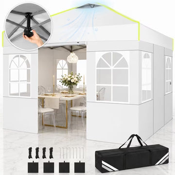 COBIZI 10x10 Pop Up Canopy Tent with 4 Sidewalls, One-Push Setup, Glow Strips, 3 Heights, Air Vent, Waterproof UPF 50+, Carry Bag, Sandbags, Stakes & Ropes for Outdoor Party & Beach, White