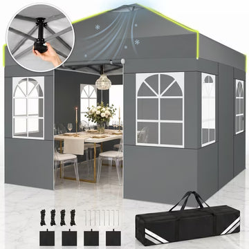 COBIZI 10x10 Pop Up Canopy Tent with 4 Sidewalls, One-Push Setup, Glow Strips, 3 Heights, Air Vent, Waterproof UPF 50+, Carry Bag, Sandbags, Stakes & Ropes for Outdoor Party & Beach, Gray