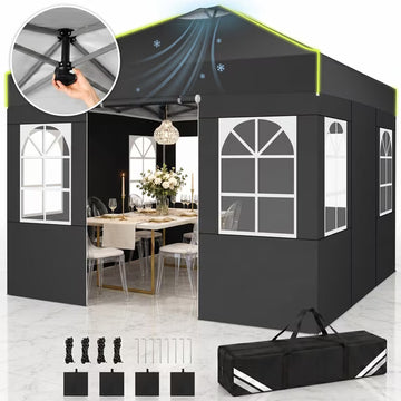 COBIZI 10x10 Pop Up Canopy Tent with 4 Sidewalls, One-Push Setup, Glow Strips, 3 Heights, Air Vent, Waterproof UPF 50+, Carry Bag, Sandbags, Stakes & Ropes for Outdoor Party & Beach, Black