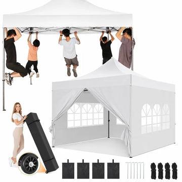 COBIZI 10x10FT Heavy Duty Pop-Up Canopy Tent with 4 Sidewalls, Waterproof & Windproof, UPF 50+ UV Protection, Instant Setup Outdoor Party Gazebo with Roller Bag, White