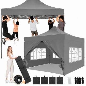 COBIZI 10x10FT Heavy Duty Pop-Up Canopy Tent with 4 Sidewalls, Waterproof & Windproof, UPF 50+ UV Protection, Instant Setup Outdoor Party Gazebo with Roller Bag, Gray