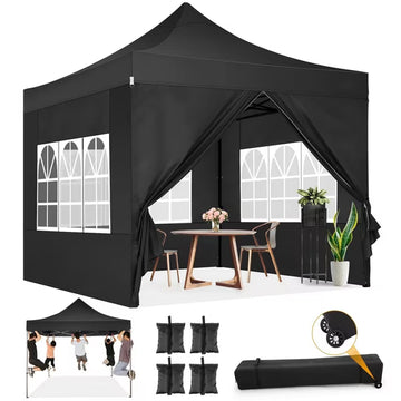 COBIZI 10x10 Pop up Canopy Commercial Heavy Duty Canopy Tent with 4 sidewalls Easy Up Outdoor Party Tent Instant Canopy All Season Windproof & Waterproof Canopy with Roller Bag,Black(Frame Thickened)