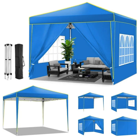 COBIZI 10x10 Pop up Canopy, Easy up Gazebos, Ez up Canopy with Church Window for Parties Beach Party Event Shelter Sun Shade with 4 Sidewalls & Carry Bag 4 Stakes & Ropes & Sandbags, blue