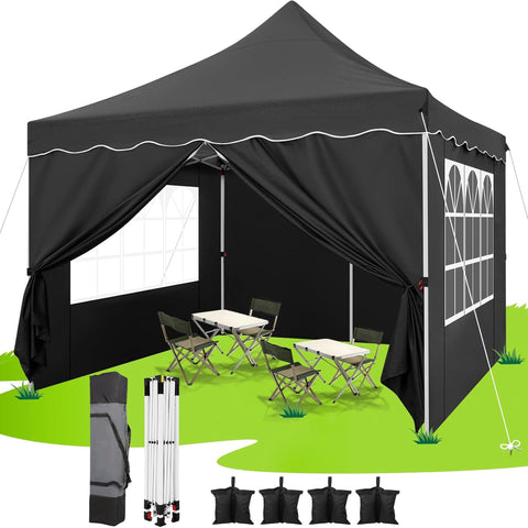 COBIZI 10x10 Pop Up Canopy with 4 Removable Sidewalls, Sandbags, Stakes & Ropes, Upf 50+ Easy Setup Canopy Tent Waterproof Outdoor Instant Portable Shelter for Business, Events, Vendor, Black