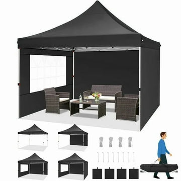 COBIZI 10x10 Pop-Up Canopy Tent with 3 Sidewalls, Ez Waterproof Gazebo, UV 50+ Protection, Commercial Party Tent for Outdoor Events, Camping, and Garden Use, Includes Sandbags,Black