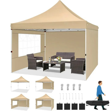 COBIZI 10x10 Pop-Up Canopy Tent with 3 Sidewalls, Ez Waterproof Gazebo, UV 50+ Protection, Commercial Party Tent for Outdoor Events, Camping, and Garden Use, Includes Sandbags,Khaki