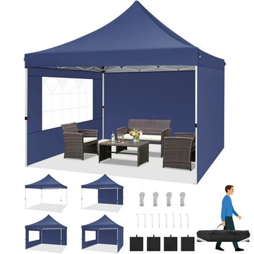 COBIZI 10x10 Pop-Up Canopy Tent with 3 Sidewalls, Ez Waterproof Gazebo, UV 50+ Protection, Commercial Party Tent for Outdoor Events, Camping, and Garden Use, Includes Sandbags,Dark Blue