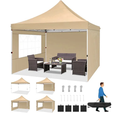 COBIZI 10x10 Pop Up Canopy Tent with Sidewalls, Waterproof Instant Canopy UPF 50+ with Air Vents, Sandbags, Stakes & Ropes, Carry Bag, Shelter for Outdoor Party, Camping, Backyard, Beach, Khaki