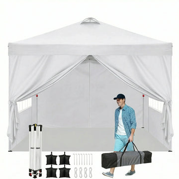 COBIZI 10x10 Pop-Up Canopy Tent with 3 Sidewalls, Ez Waterproof Gazebo, UV 50+ Protection, Commercial Party Tent for Outdoor Events, Camping, and Garden Use, Includes Sandbags,White