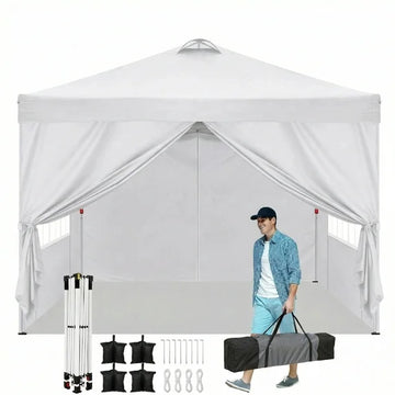 COBIZI 10x10 Pop Up Canopy Tent with Sidewalls, Waterproof Instant Canopy UPF 50+ with Air Vents, Sandbags, Stakes & Ropes, Carry Bag, Shelter for Outdoor Party, Camping, Backyard, Beach, White