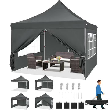 COBIZI 10x10 Pop Up Canopy Tent with 4 Sidewalls, Waterproof Instant Canopy UPF 50+, Ez Setup Outdoor Gazebo with Sandbags, Stakes & Ropes, Shelter for Party, Camping, Garden, Events, Gray