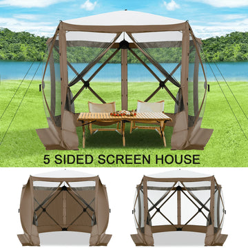 COBIZI 10x10ft Pop up Gazebo Screen House Tent for Camping, Pop-up Camping Canopy Tent with Mesh Windows,Portable Outdoor Quick-Set Hub Tent with Carrying Bag&Ground Stakes,Brown