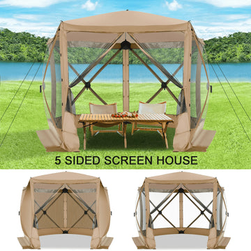 COBIZI 10x10 Screen House Pop up Gazebo Screen Tent for Camping,5 Sided Pop-up Camping Canopy Shelter Tent with 4 Sidewalls,Portable Outdoor Quick-Set Hub Tent with Carrying Bag&Ground Stakes,Khaki