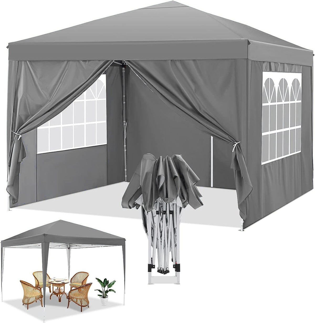 COBIZI 10'x10' ft Popup Canopy Waterproof Canopy with 4 Sidewalls Outdoor Commercial Instant Shelter Beach Camping Canopy Tent for Party,Gray