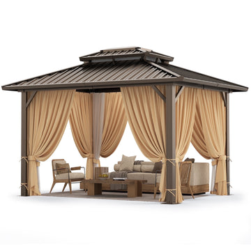 COBIZI 12x20 Hardtop Gazebo with Metal Roof, Heavy Duty Galvanized Steel Gazebo, Reinforced Square Column, Flame-Resistant Curtains and Netting,Permanent Gazebo for Deck,Lawns and Backyard,Brown(Pro)